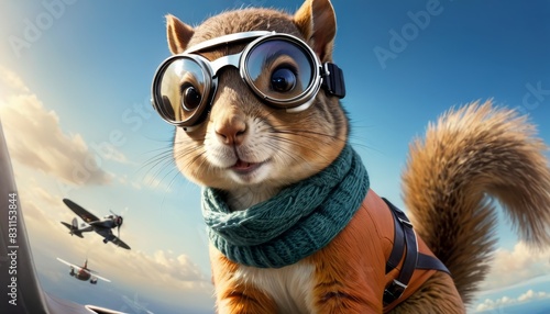 A bold squirrel in pilot attire gazes forward, with vintage airplanes in the sky, ready for an adventurous flight. photo