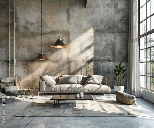 The image depicts a stylish modern living room with concrete wall texture as a wallpaper, providing an abstract urban feel, aiming to be a beautiful best-seller background for various design purposes