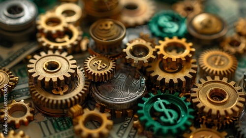 Abstract gears of gold and green interlocking with dollar signs, illustrating the mechanics of financial success. Minimal and Simple style