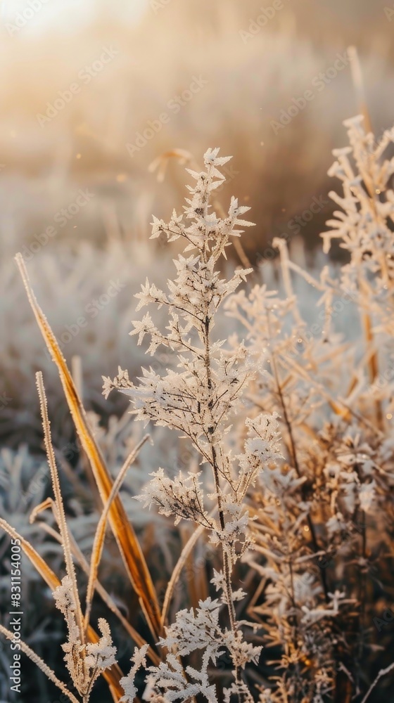 Fototapeta premium Macro Close-up of Beautiful Hoar Frost Crystals on Natural Scenic Landscape - Stunning Winter Wonderland Background，Beautiful background image of frost in nature close-up, natural beauty, 4k HD wallpa