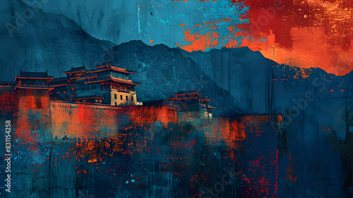 palace near mountain and river landscape illustration abstract background decorative painting