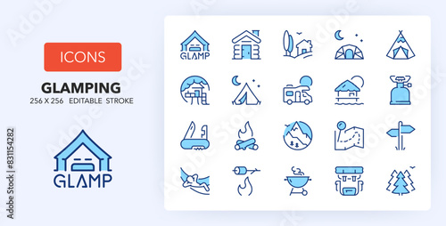 Line icons about glamping and outdoor activities. Contains such icons as camping, treehouse, barbecue and more. 256x256 Pixel Perfect editable in two colors