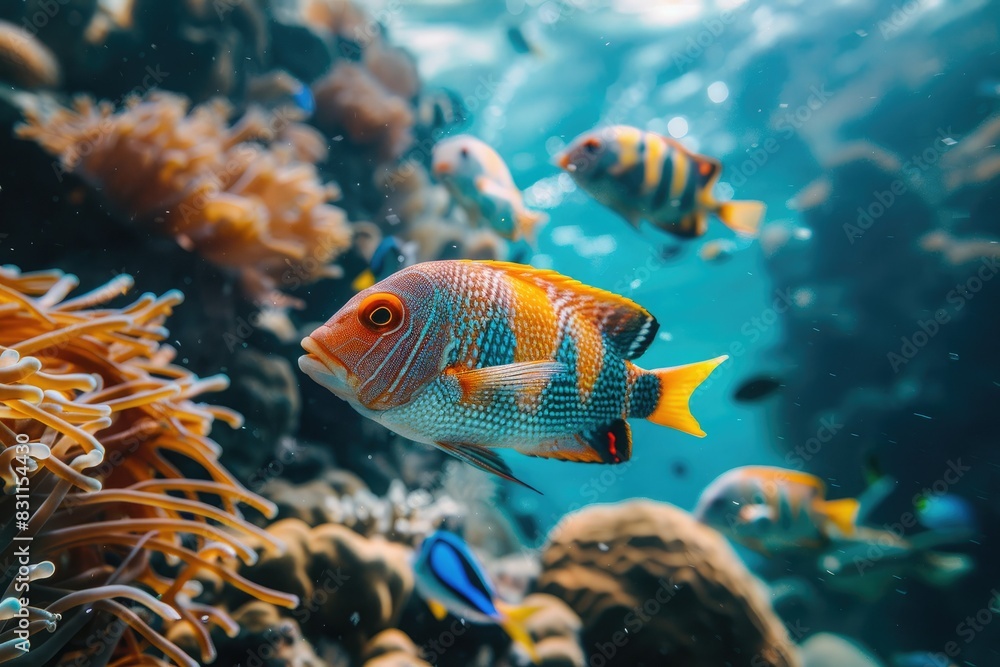 Naklejka premium In the tropical climate of the Red Sea, a yellow blue fish swims underwater in salty sea water near a coral reef. Underwater life, diving, snorkeling.