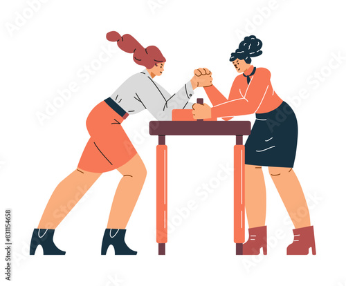 Office women in arm wrestling vector illustration. Isolated background.