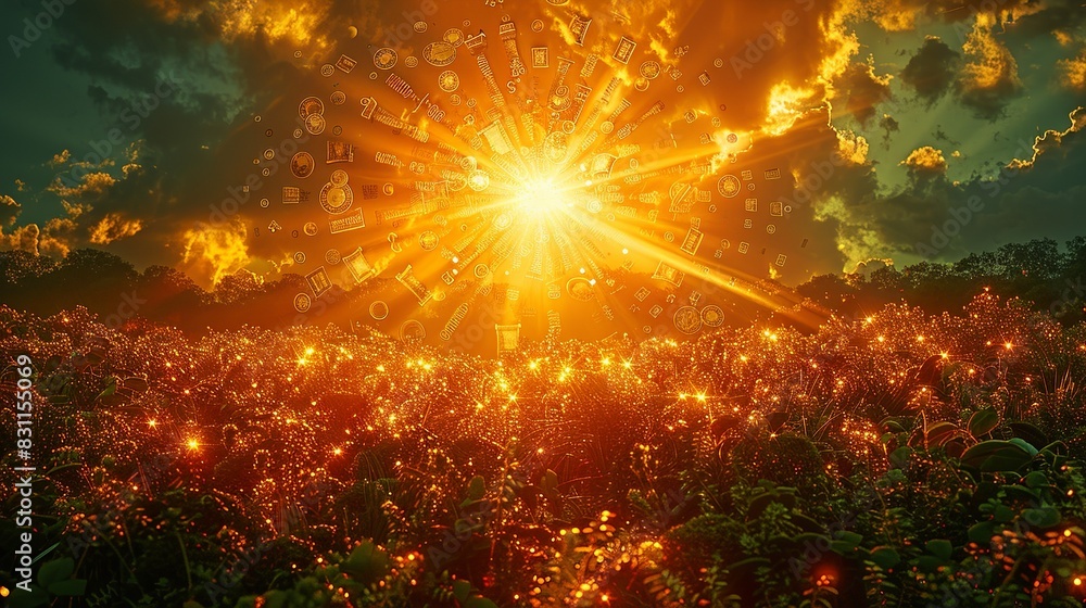 A radiant sun with rays made of different currency symbols, shining down on a landscape of gold and green. Minimal and Simple style A radiant sun with rays made of different currency symbols, shining down on a landscape of gold and green. Minimal and Simple style