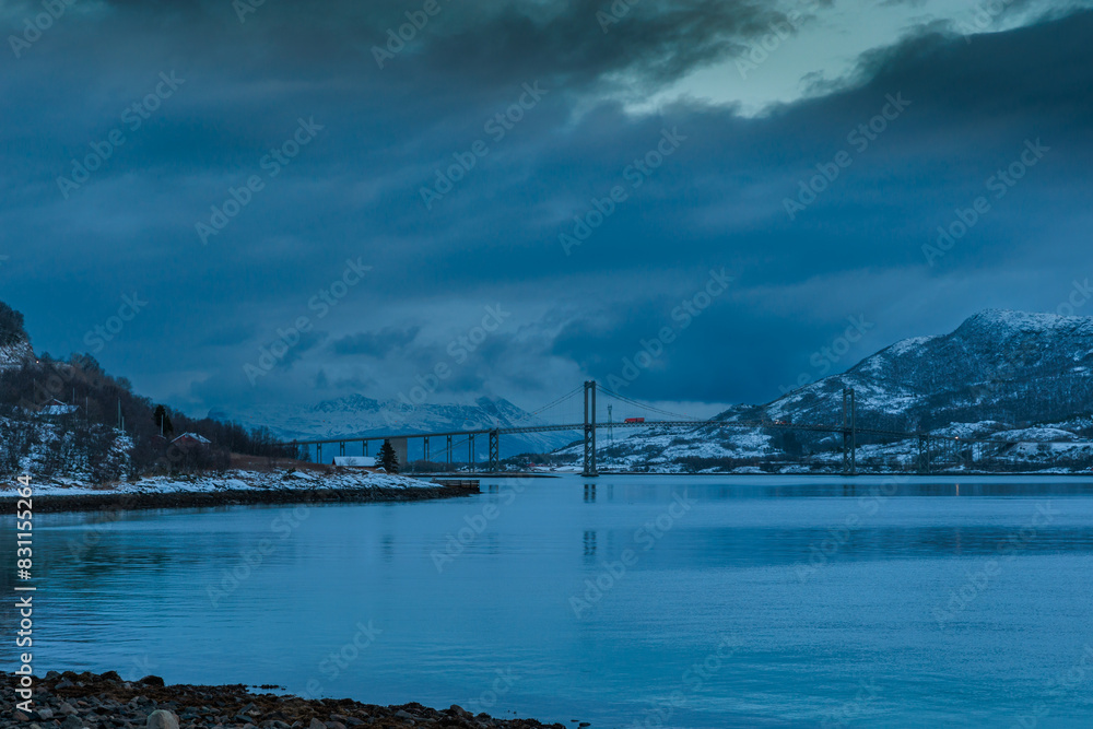 The iconic Tjeldsund bru bridge in the evening light, Lofoten, Norway The iconic Tjeldsund bru bridge in the evening light, Lofoten, Norway