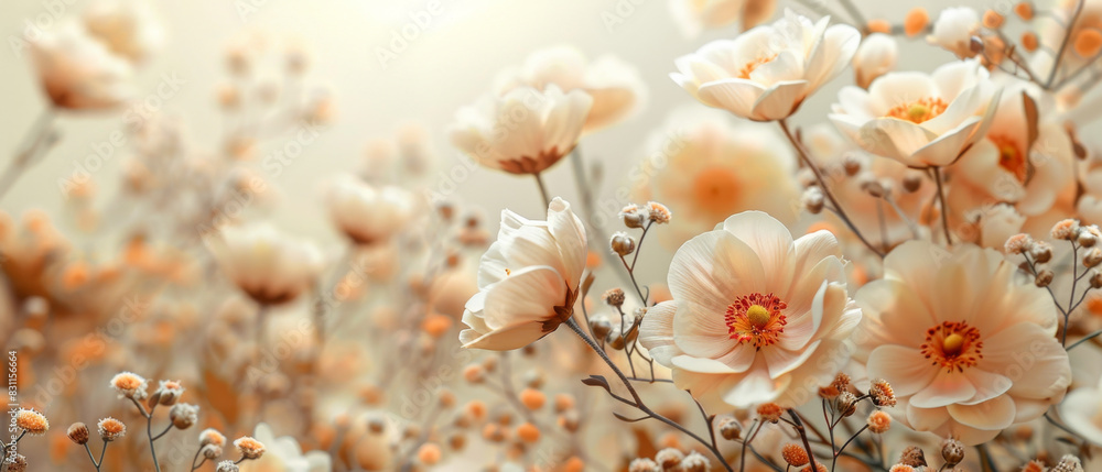 Vibrant flowers contrast against a soft cream backdrop, creating a harmonious display. Vibrant flowers contrast against a soft cream backdrop, creating a harmonious display.