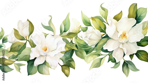 Gardenia, Watercolor Floral Border, watercolor illustration, isolated on white background photo