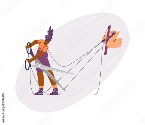Marionette woman controlled by hand fights for liberation and emancipation, cut ropes with scissors manipulation vector