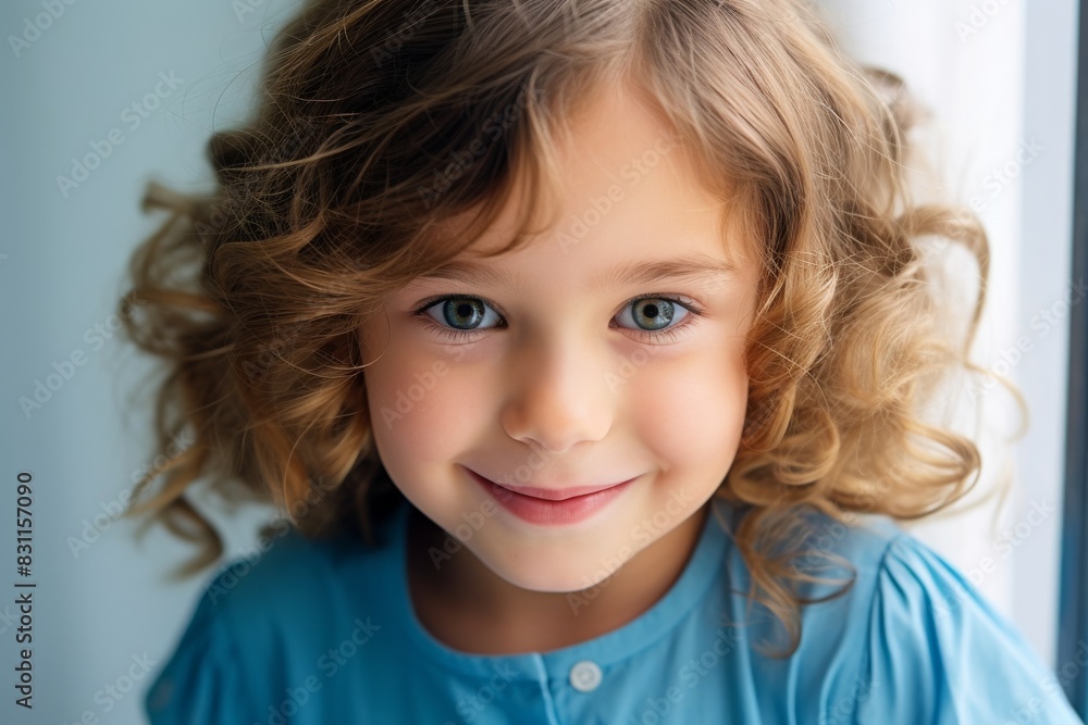An adorable child, illustrated with long, wavy brown hair and dressed in blue, lounges contentedly in studio photo shooting background. An adorable child, illustrated with long, wavy brown hair and dressed in blue, lounges contentedly in studio photo shooting background.