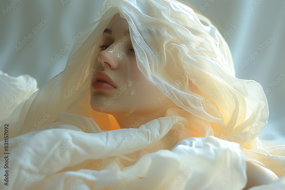 A woman's face is partially obscured by a flowing white fabric, creating a sense of mystery and fragility. A woman's face is partially obscured by a flowing white fabric, creating a sense of mystery and fragility.