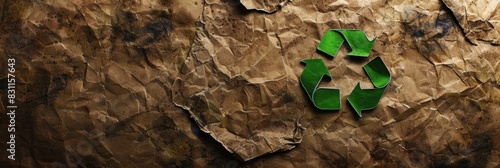 Green recycling symbol on aged, crumpled paper background emphasizing sustainability and environmental conservation. The image conveys an eco-friendly message suitable for themes related to recycling photo