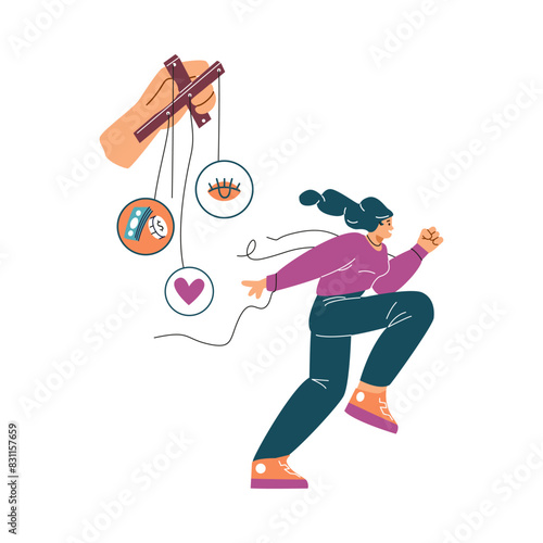 Marionette woman controlled by hand broke the ropes, fights for freedom, vector character emancipation and independence