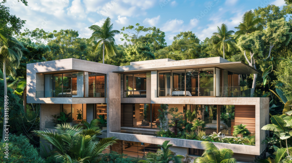 3D rendering of modern house surrounded by lush trees in serene setting. 3D rendering of modern house surrounded by lush trees in serene setting.