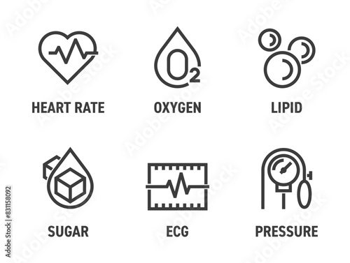 Heart and blood sensors types bold icons set