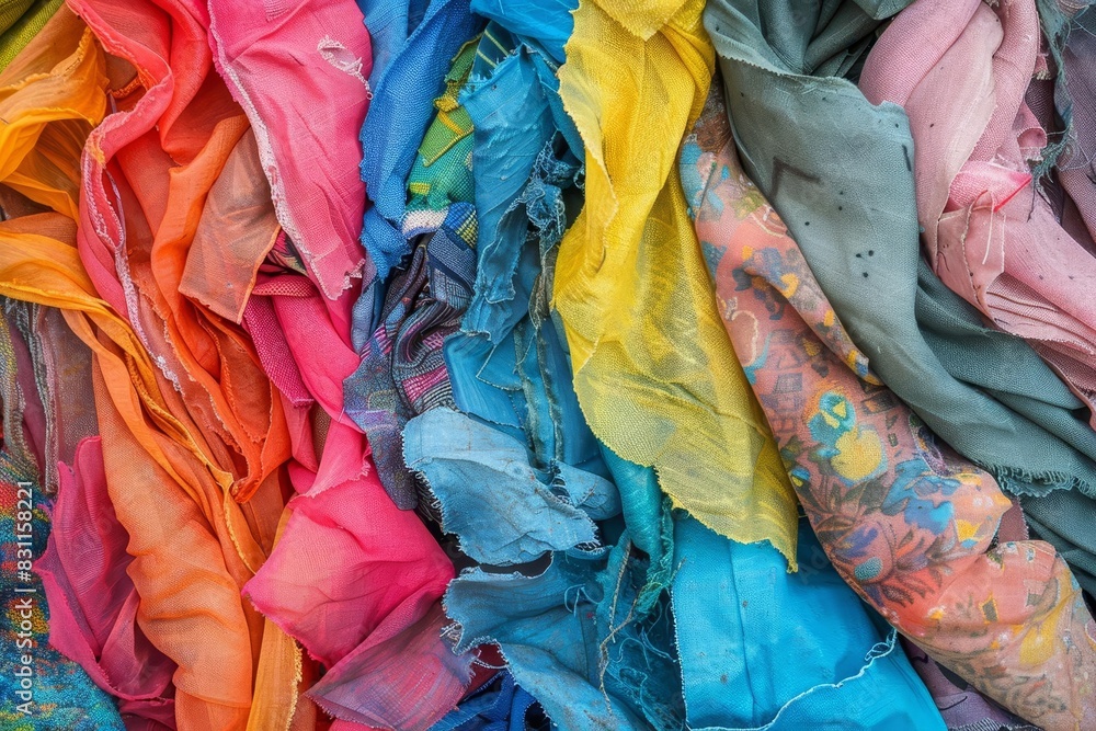 Impact of fast fashion on the environment close up, textile waste, vibrant, double exposure, landfill