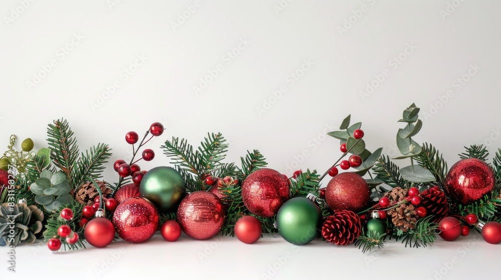 Red and green New Year decorations against a white backdrop Red and green New Year decorations against a white backdrop