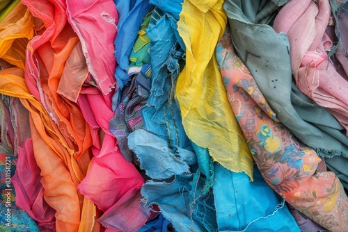Impact of fast fashion on the environment close up, textile waste, vibrant, double exposure, landfill photo