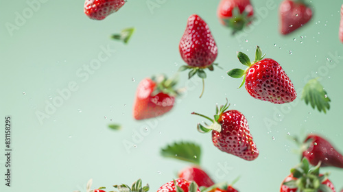 Delicious sweet strawberries falling on light green background
