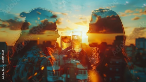 Friends enjoying a rooftop party at sunset, toasting drinks close up, ethereal, Double exposure, Rooftop photo