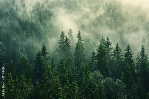 a forest of trees with fog