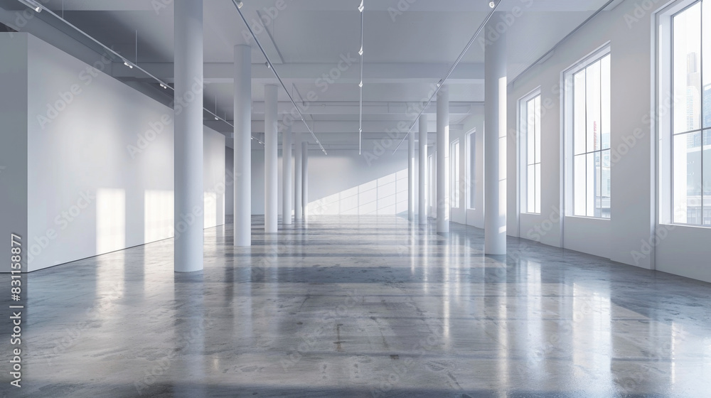 Spacious white room with polished floors for display Spacious white room with polished floors for display