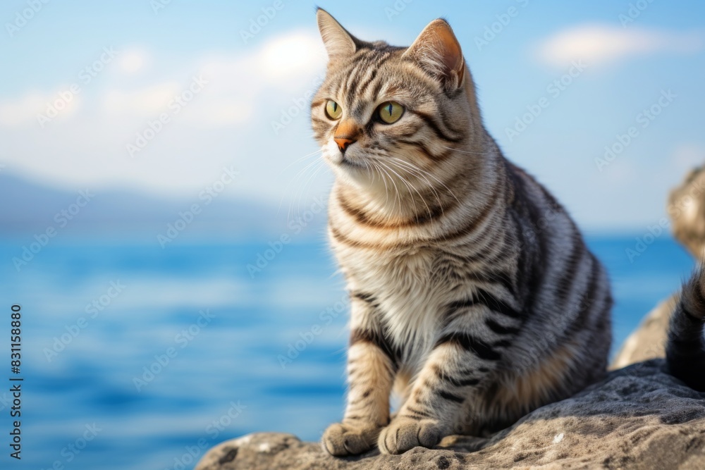 Portrait of a cute american shorthair cat in tranquil ocean backdrop Portrait of a cute american shorthair cat in tranquil ocean backdrop
