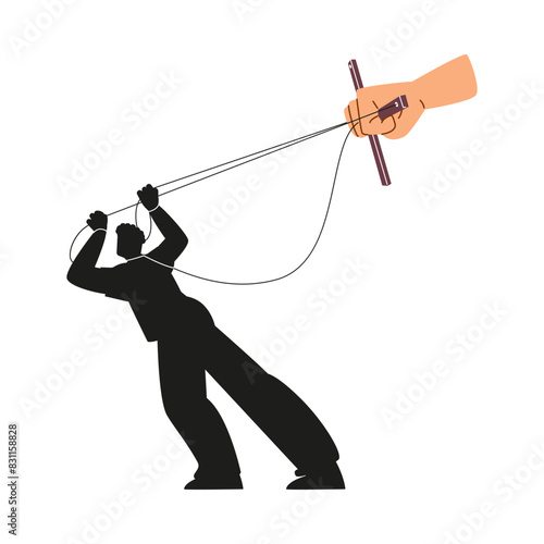 Vector illustration in a flat style: puppet strings controlling a man, a symbol of manipulation