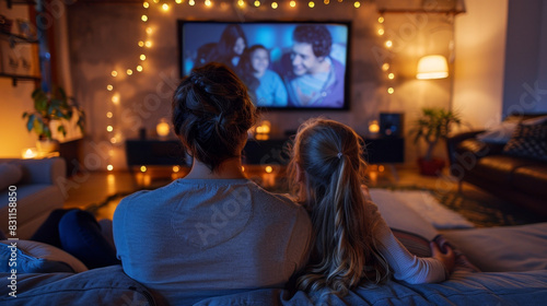 Back view of family enjoying movie night in cozy living room with natural lights.