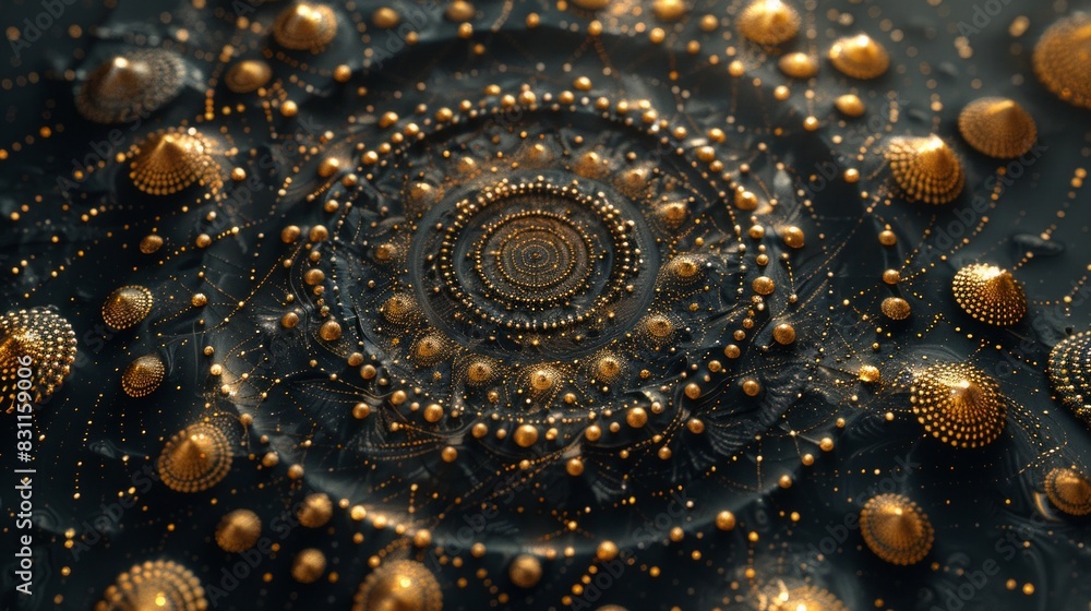 The intricately branched patterns of fractals glow with rich golden hues. It creates a dramatic contrast against the dark backdrop. and is reminiscent of endless complexity and natural elegance.