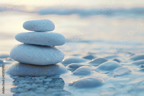 Balanced Stones on Seashore at Sunset Calm Zen