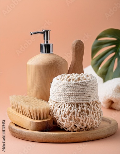 A massage brush and a wooden comb, along with natural bathroom essentials, are displayed against a peach backdrop.