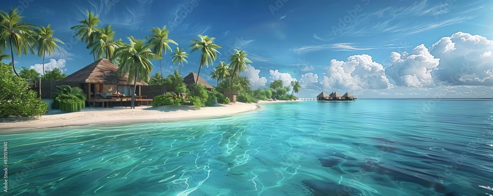 beautiful tropical island with white sandy beaches and palm trees, turquoise water, beach huts in the distance, blue sky, ultra realistic photography