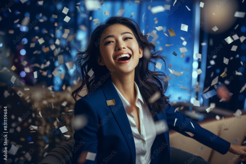 With a big grin, a lady in professional blue business attire enjoys the moment as confetti showers down, creating a joyful scene. With a big grin, a lady in professional blue business attire enjoys the moment as confetti showers down, creating a joyful scene.