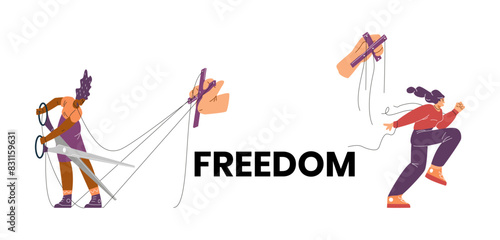 Vector set of puppets getting out of control. Isolated background.