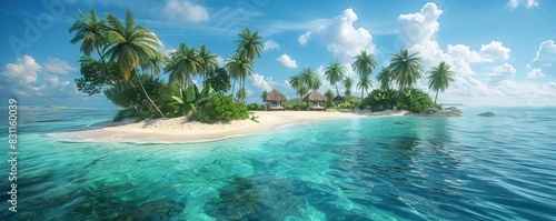 beautiful tropical island with white sandy beaches and palm trees  turquoise water  beach huts in the distance  blue sky  ultra realistic photography