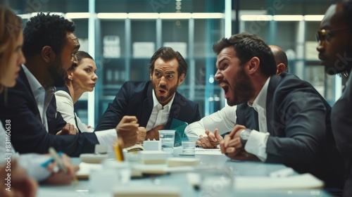 An intense boardroom scene with team members clashing over differing opinions and corporate directions