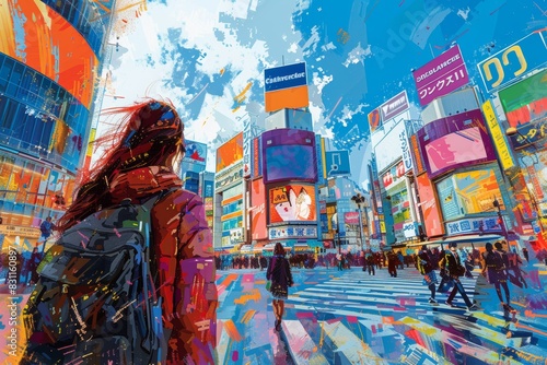 A magazine cover illustration featuring a woman strolling through the lively Shibuya crossing, depicted with artistic flair and vibrant detail