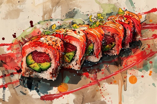 An editorial illustration of a mouth-watering sushi lamb dish, presented with artistic flair and appetizing detail