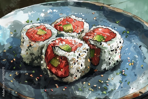 An editorial illustration of a mouth-watering sushi lamb dish, presented with artistic flair and appetizing detail