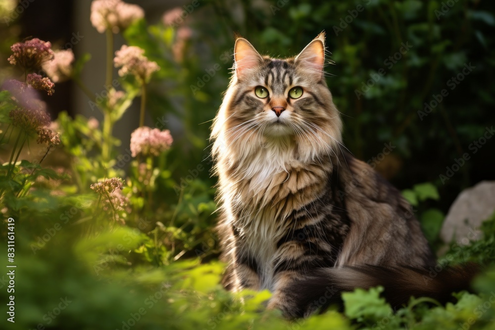 Portrait of a happy american bobtail cat isolated in lush green garden