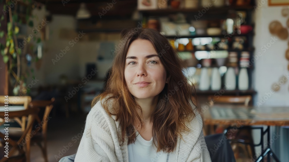 beautiful smiling woman sitting in cozy coffee shop enjoying leisure time lifestyle photography