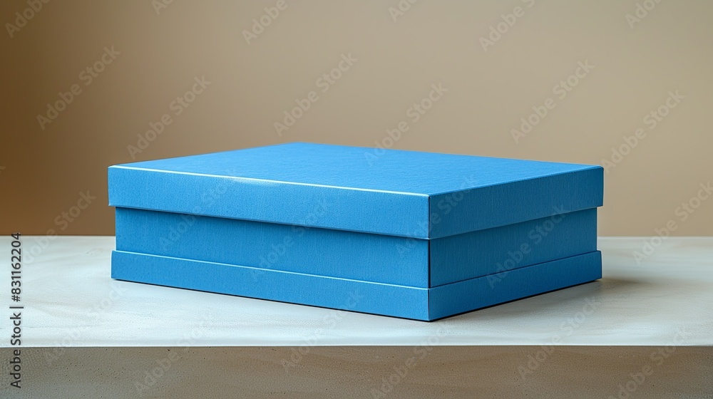 A bright blue packaging box with crisp edges, placed on a neutral beige surface, emphasizing its vibrant color and simple design. Minimal and Simple style A bright blue packaging box with crisp edges, placed on a neutral beige surface, emphasizing its vibrant color and simple design. Minimal and Simple style