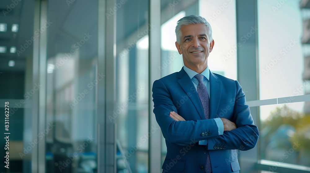 Happy mid aged business man ceo standing in office arms crossed Smiling mature confident professional executive manager proud confident businessman leader wearing blue suit vertical po : Generative AI Happy mid aged business man ceo standing in office arms crossed Smiling mature confident professional executive manager proud confident businessman leader wearing blue suit vertical po : Generative AI