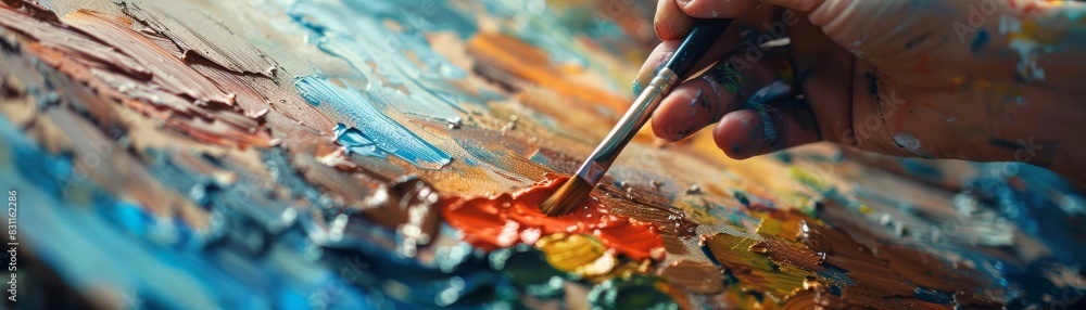 A painter mixing colors on a palette, focus on, color theory theme, vibrant, blend mode, painters workshop backdrop A painter mixing colors on a palette, focus on, color theory theme, vibrant, blend mode, painters workshop backdrop