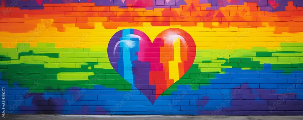 Fototapeta premium Pride Month LGBTQ, Rainbow Pride: Symmetrical Graffiti Mural with Custom Message Space in Urban Setting