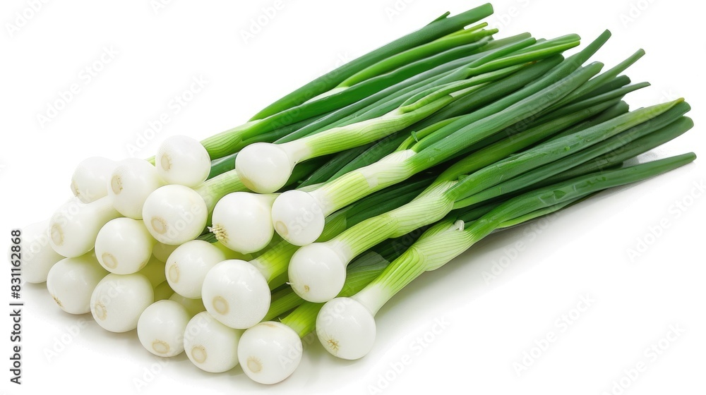 green onions with a minimalist composition, featuring a bunch of verdant stalks elegantly arranged against a pristine white background, highlighting the natural beauty of this versatile ingredient. green onions with a minimalist composition, featuring a bunch of verdant stalks elegantly arranged against a pristine white background, highlighting the natural beauty of this versatile ingredient.