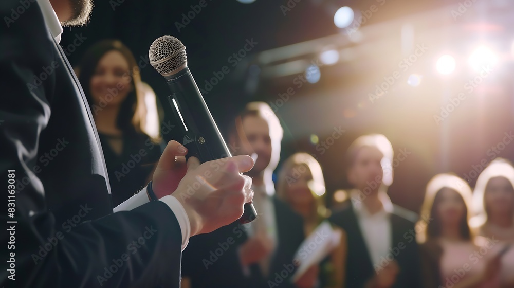 Young business team receiving award prize at best business project competition event Business and entrepreneurship award ceremony theme Focus on unrecognizable people in audience : Generative AI