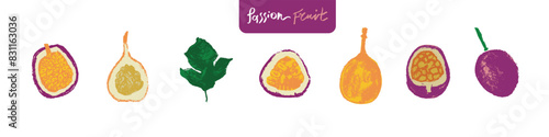 Passion fruit signs in hand drawn style with rough charcoal texture. Colorful granadilla icons for cosmetics, yogurt, fruits puree label. Hand lettering passion fruit. Symbols set of passion fruit.