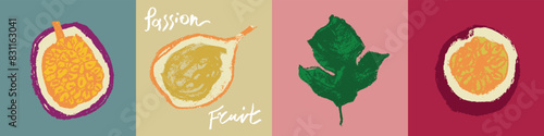 Passion fruit signs in hand drawn style with rough charcoal texture. Colorful granadilla icons for cosmetics, yogurt, fruits puree label. Hand lettering passion fruit. Symbols set of passion fruit.